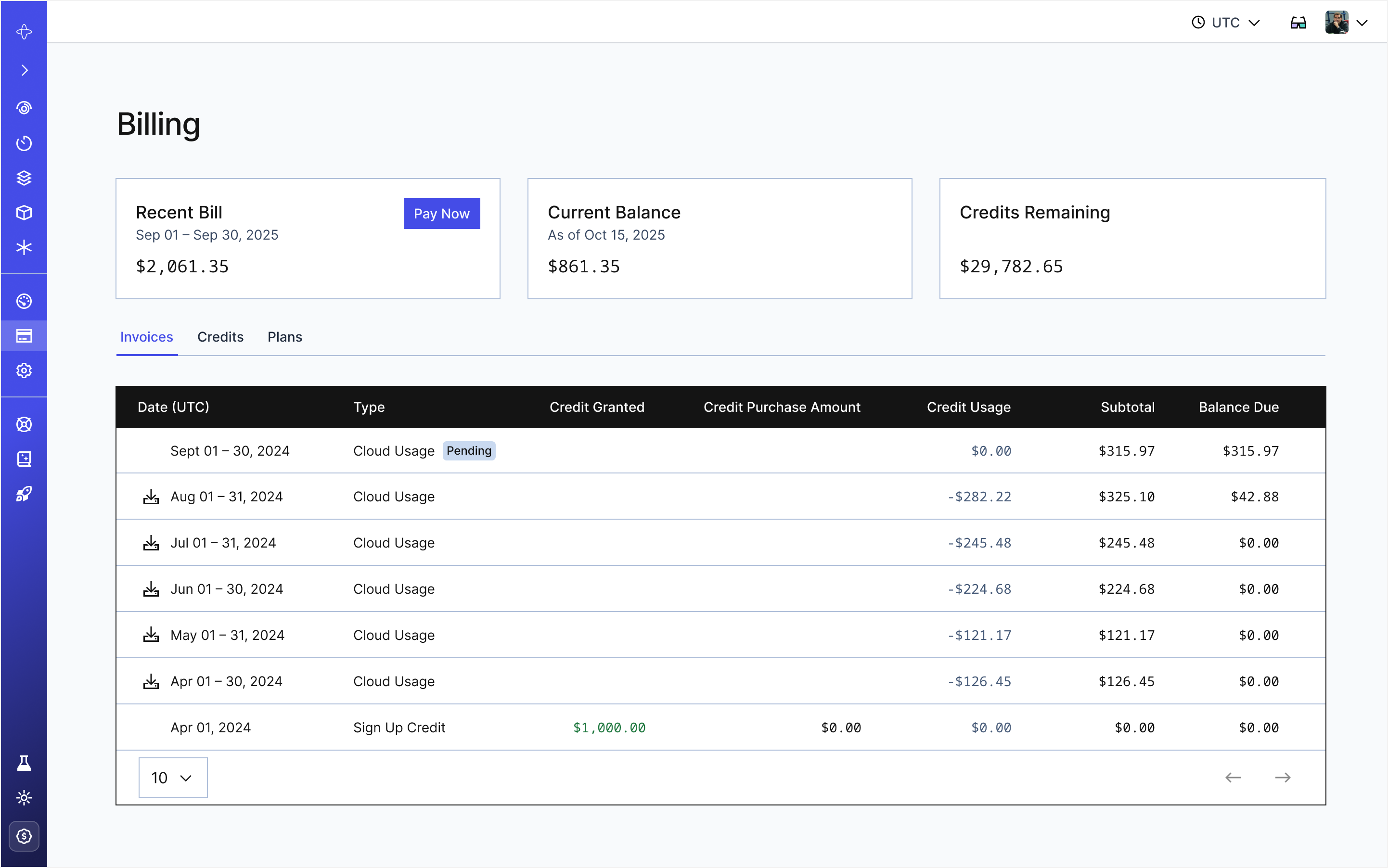 Billing page showing Invoices tab